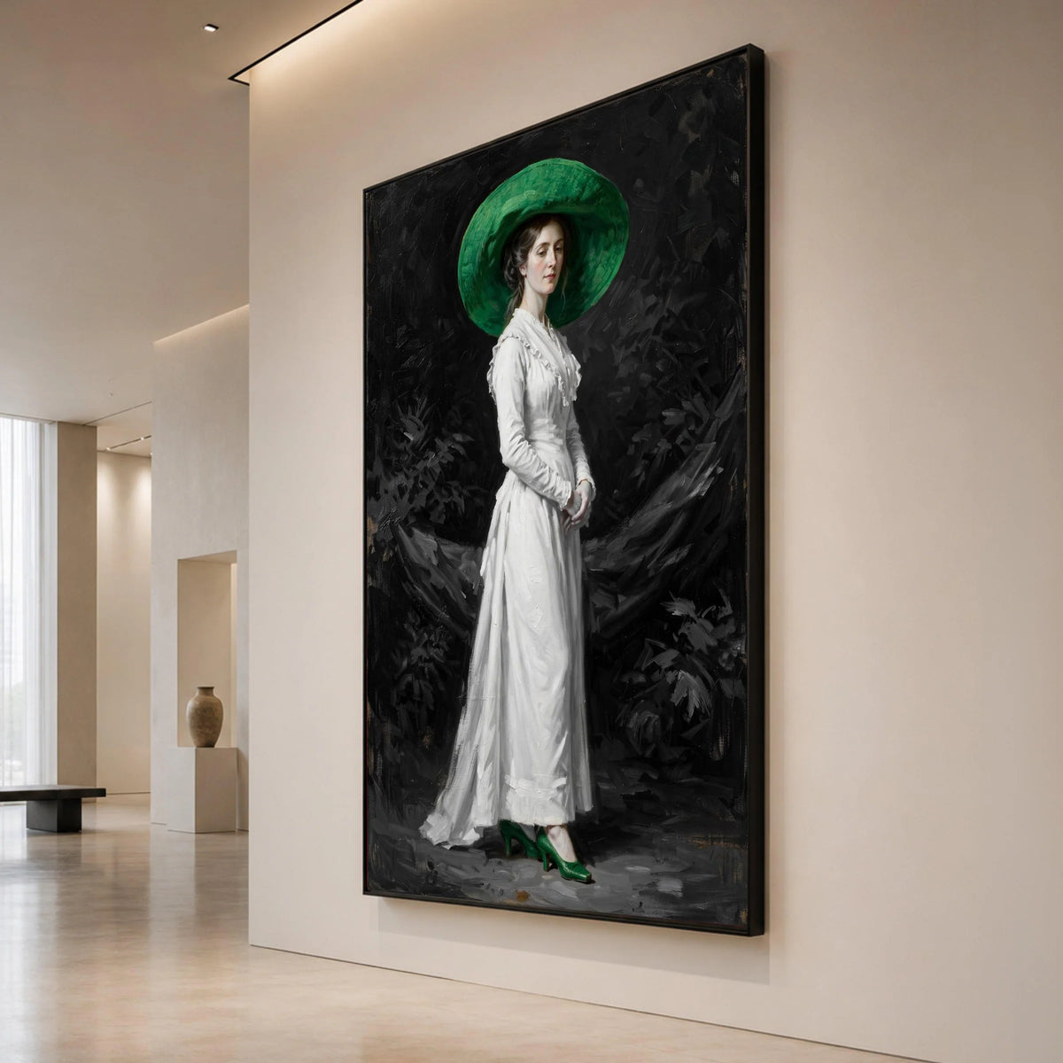 Elegant Victorian Woman with Green Hat and Shoes Canvas Wall Art, Classic Portrait Painting, Vintage Fashion Home Decor, Canvas Print Art