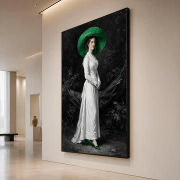 Elegant Victorian Woman with Green Hat and Shoes Canvas Wall Art, Classic Portrait Painting, Vintage Fashion Home Decor, Canvas Print Art