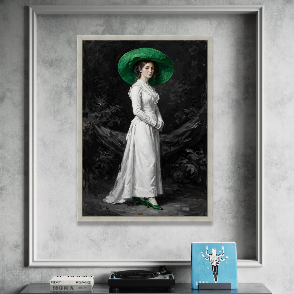 Elegant Victorian Woman with Green Hat and Shoes Canvas Wall Art, Classic Portrait Painting, Vintage Fashion Home Decor, Canvas Print Art