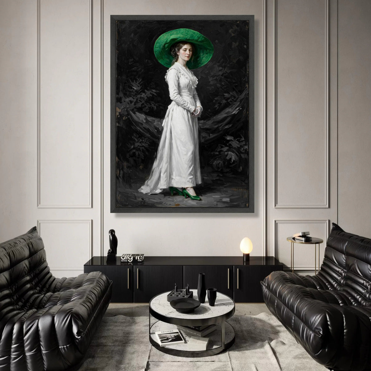 Elegant Victorian Woman with Green Hat and Shoes Canvas Wall Art, Classic Portrait Painting, Vintage Fashion Home Decor, Canvas Print Art