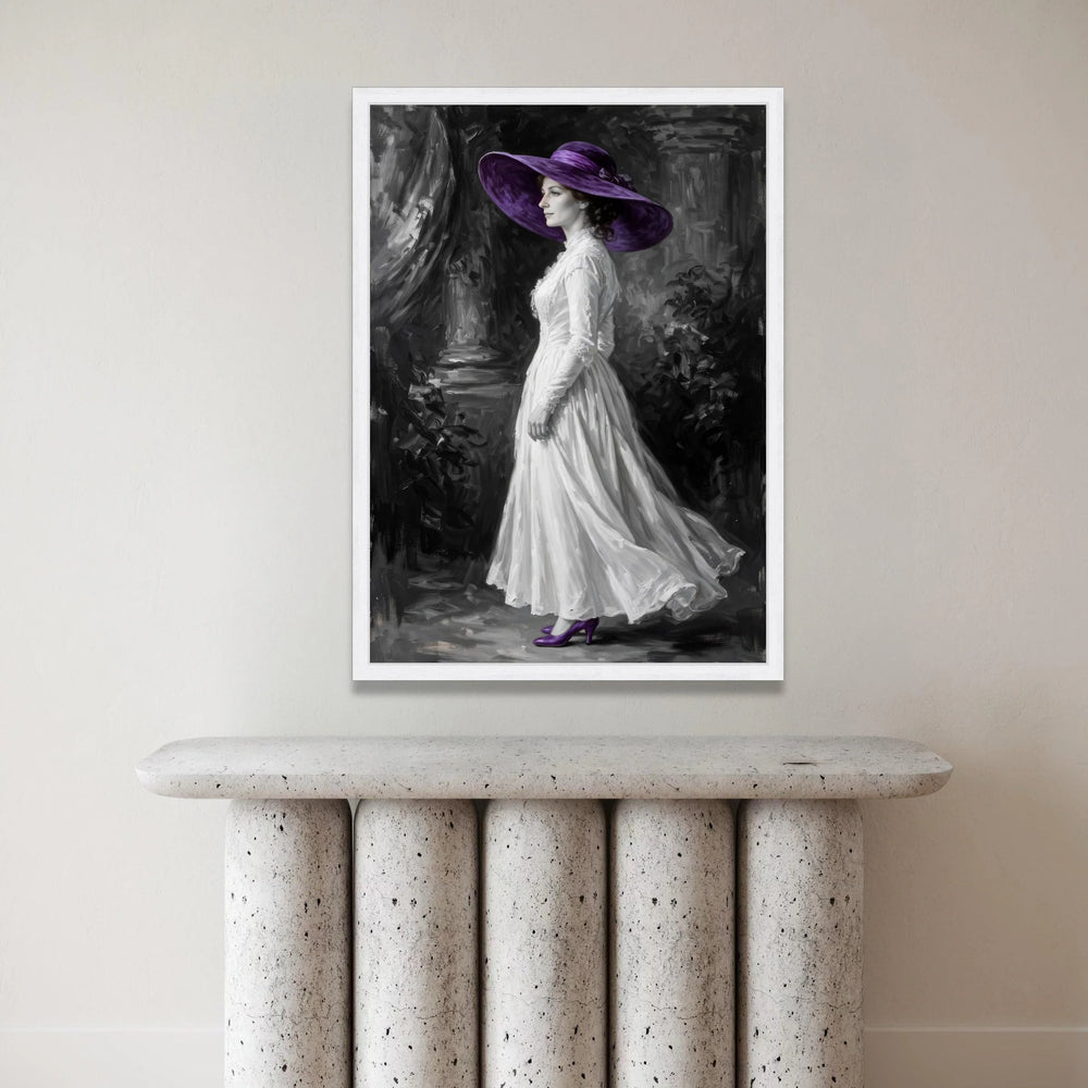 Elegant Woman Vintage White Dress with Purple Hat Canvas, Classic Portrait Wall Art, Monochrome Home Decoration, Feminine Canvas Print Art