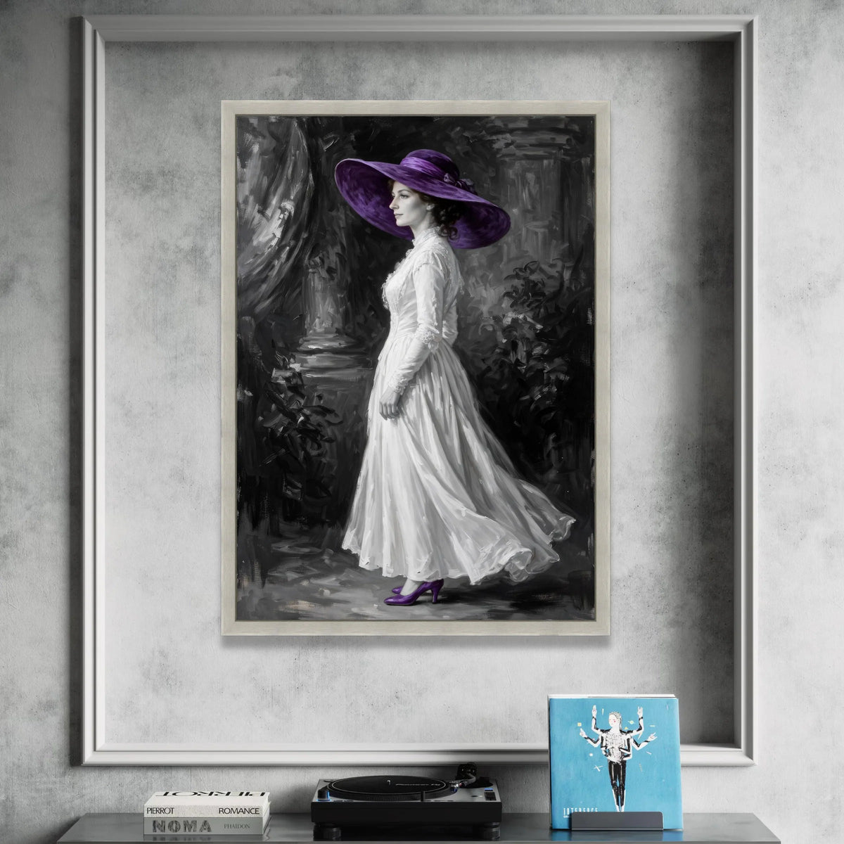 Elegant Woman Vintage White Dress with Purple Hat Canvas, Classic Portrait Wall Art, Monochrome Home Decoration, Feminine Canvas Print Art