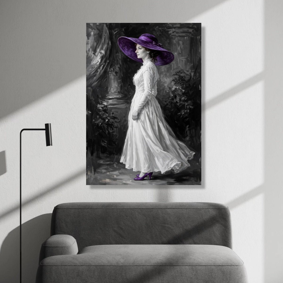 Elegant Woman Vintage White Dress with Purple Hat Canvas, Classic Portrait Wall Art, Monochrome Home Decoration, Feminine Canvas Print Art