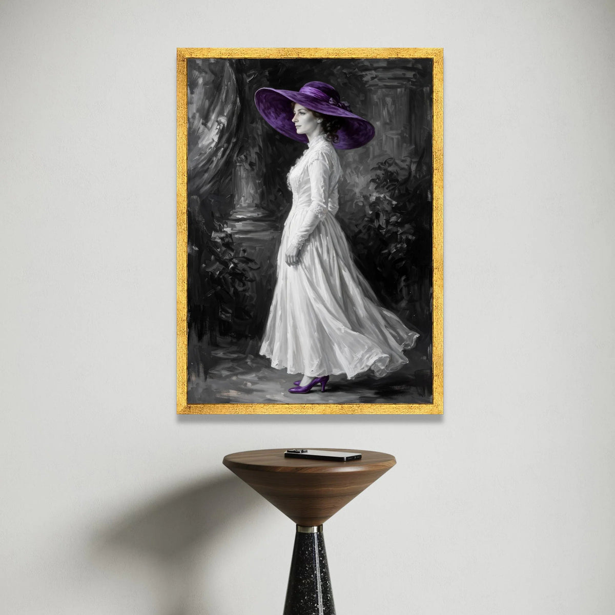 Elegant Woman Vintage White Dress with Purple Hat Canvas, Classic Portrait Wall Art, Monochrome Home Decoration, Feminine Canvas Print Art