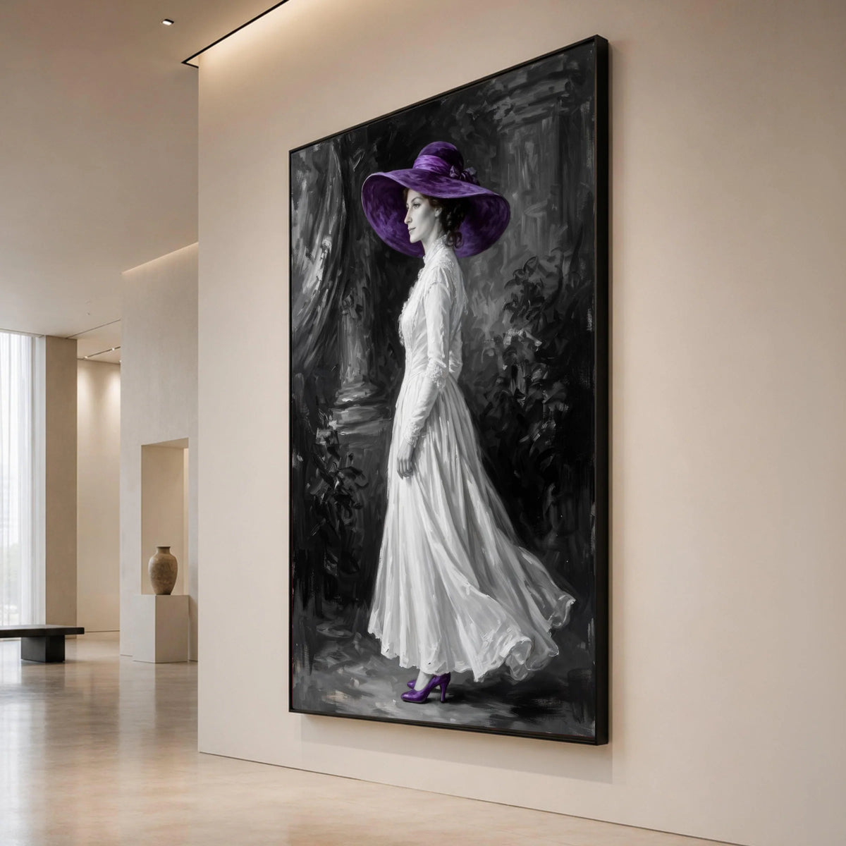 Elegant Woman Vintage White Dress with Purple Hat Canvas, Classic Portrait Wall Art, Monochrome Home Decoration, Feminine Canvas Print Art