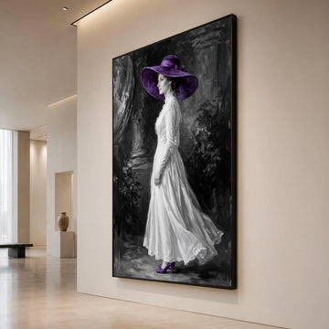 Elegant Woman Vintage White Dress with Purple Hat Canvas, Classic Portrait Wall Art, Monochrome Home Decoration, Feminine Canvas Print Art