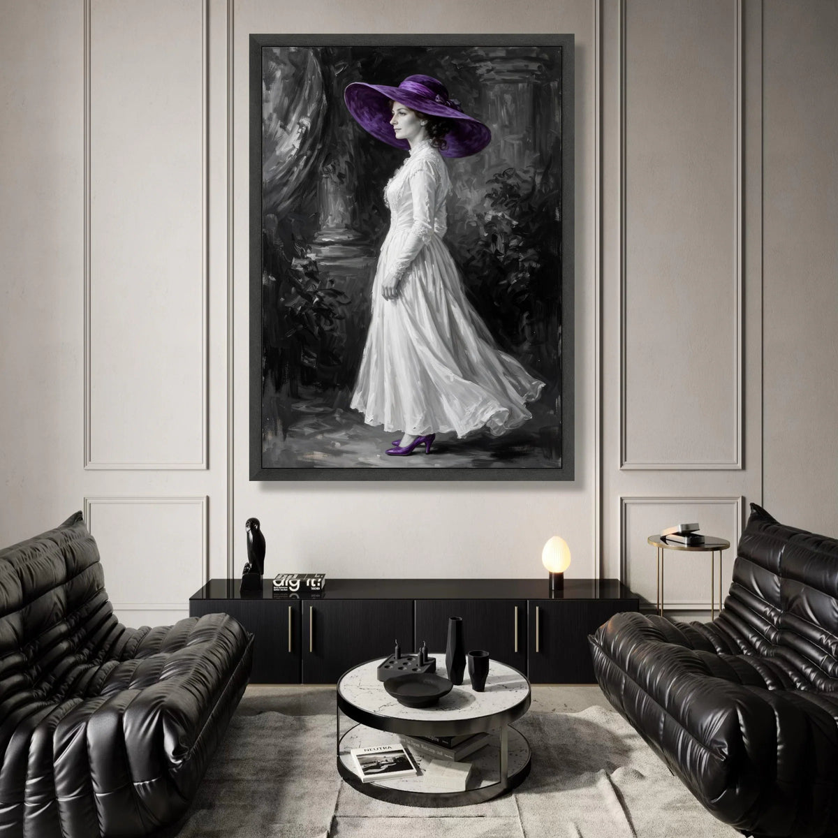 Elegant Woman Vintage White Dress with Purple Hat Canvas, Classic Portrait Wall Art, Monochrome Home Decoration, Feminine Canvas Print Art