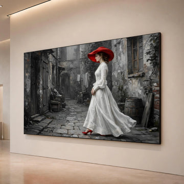 Elegant Woman Red Hat Canvas Wall Art, Vintage Street Scene, Classic Fashion Portrait, Timeless Urban Decor, Home Gallery Canvas Print Art