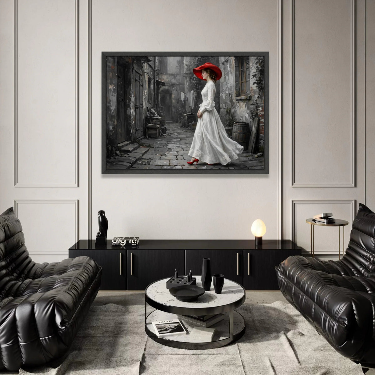 Elegant Woman Red Hat Canvas Wall Art, Vintage Street Scene, Classic Fashion Portrait, Timeless Urban Decor, Home Gallery Canvas Print Art