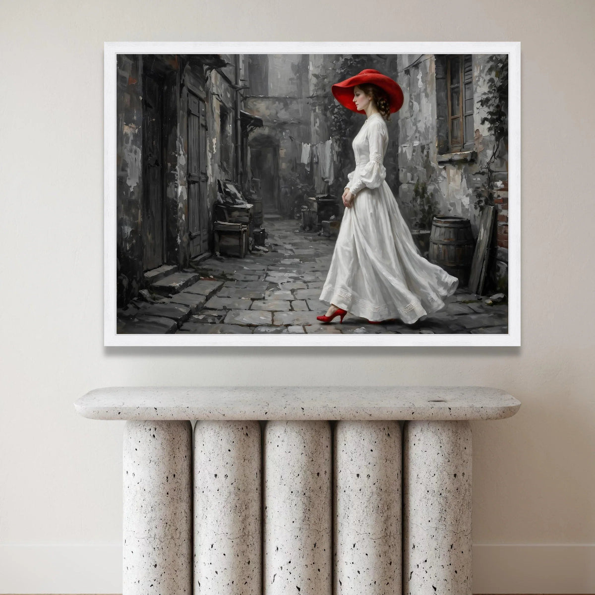 Elegant Woman Red Hat Canvas Wall Art, Vintage Street Scene, Classic Fashion Portrait, Timeless Urban Decor, Home Gallery Canvas Print Art