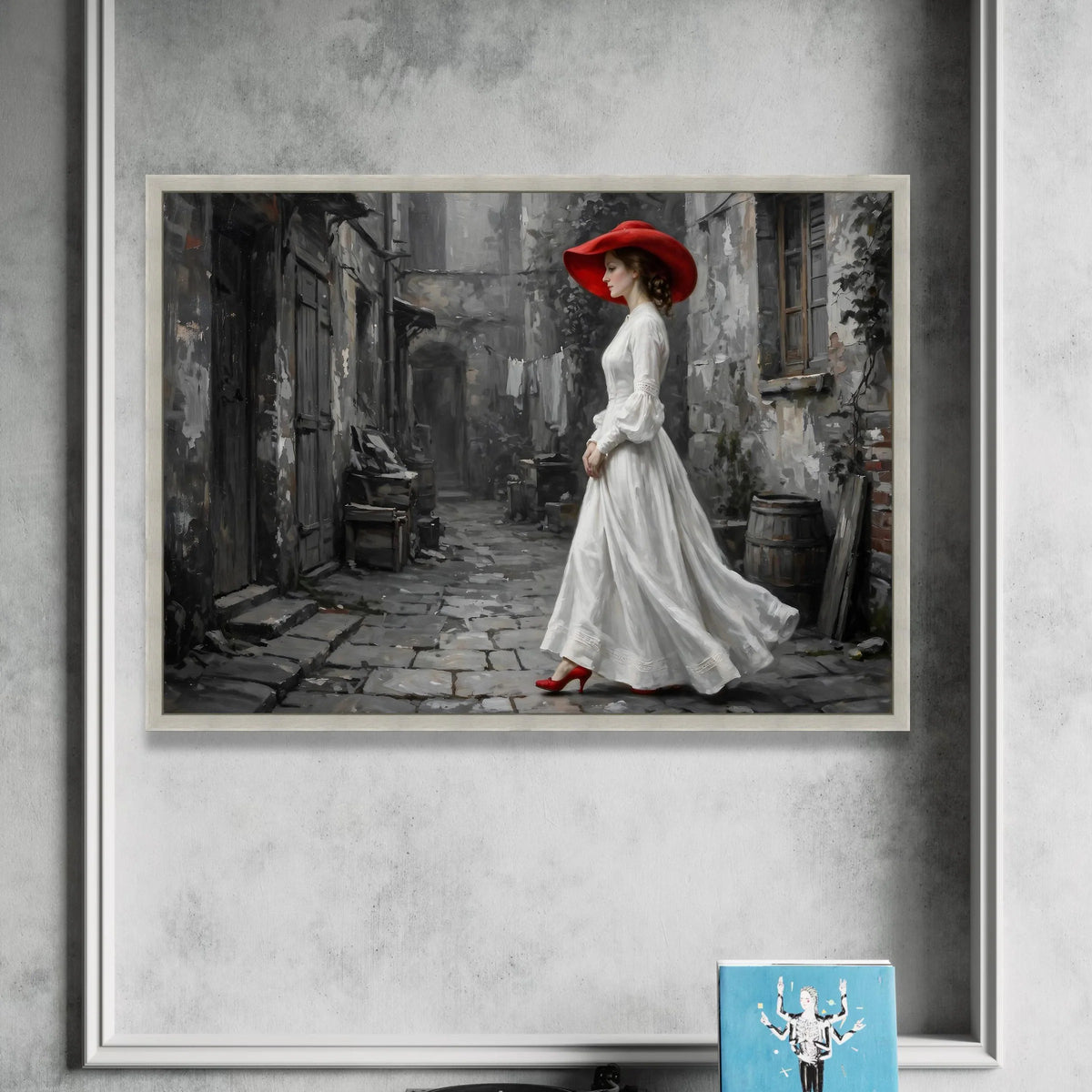 Elegant Woman Red Hat Canvas Wall Art, Vintage Street Scene, Classic Fashion Portrait, Timeless Urban Decor, Home Gallery Canvas Print Art