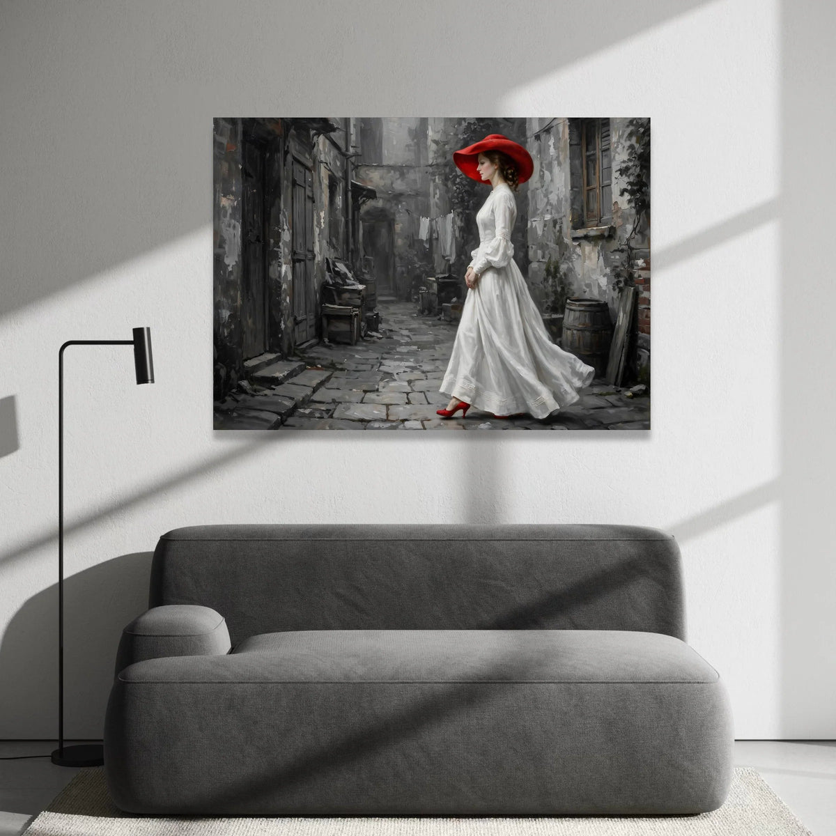 Elegant Woman Red Hat Canvas Wall Art, Vintage Street Scene, Classic Fashion Portrait, Timeless Urban Decor, Home Gallery Canvas Print Art
