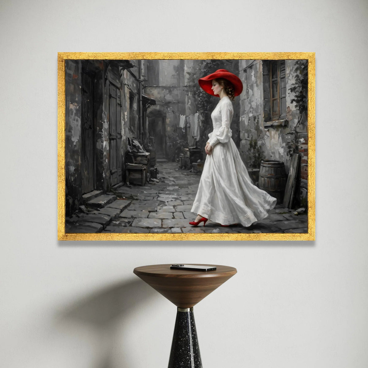 Elegant Woman Red Hat Canvas Wall Art, Vintage Street Scene, Classic Fashion Portrait, Timeless Urban Decor, Home Gallery Canvas Print Art