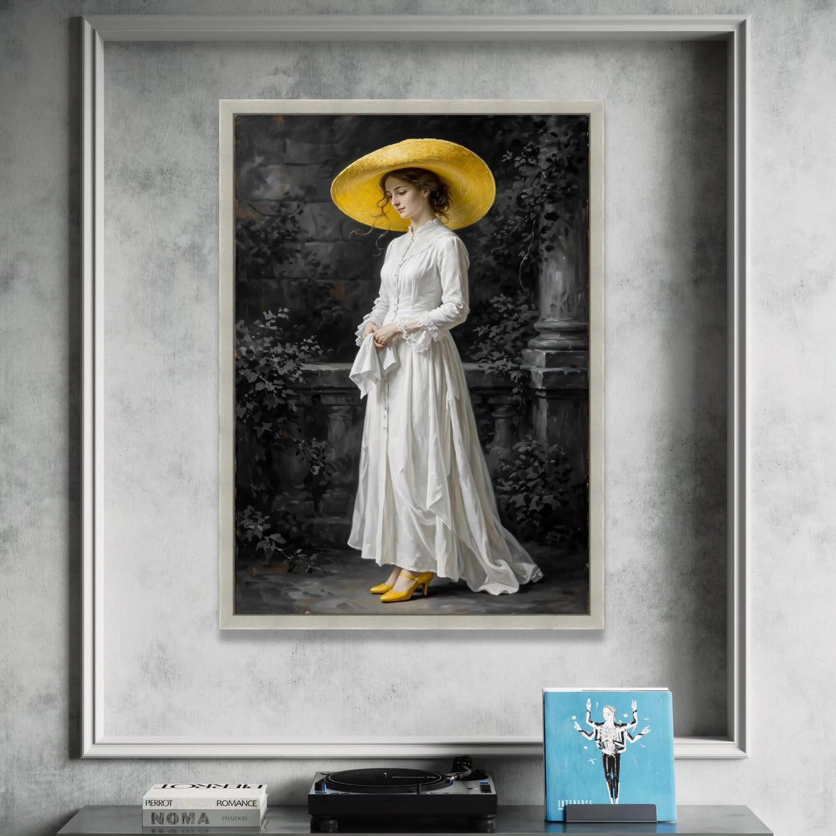 Elegant Woman White Dress and Yellow Hat Canvas, Vintage Portrait Wall Art, Classic Female Figure Painting, Victorian Style Canvas Print Art