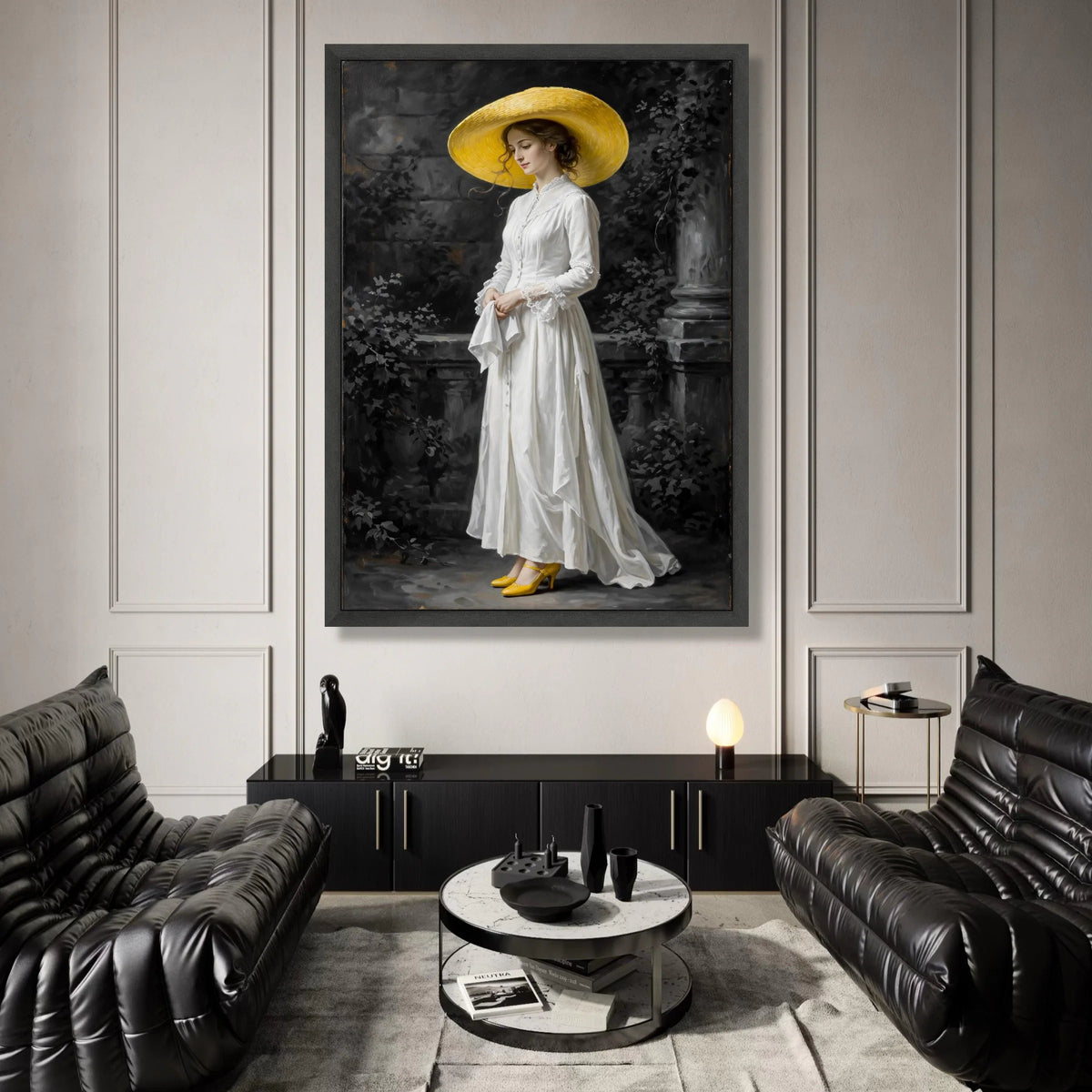 Elegant Woman White Dress and Yellow Hat Canvas, Vintage Portrait Wall Art, Classic Female Figure Painting, Victorian Style Canvas Print Art