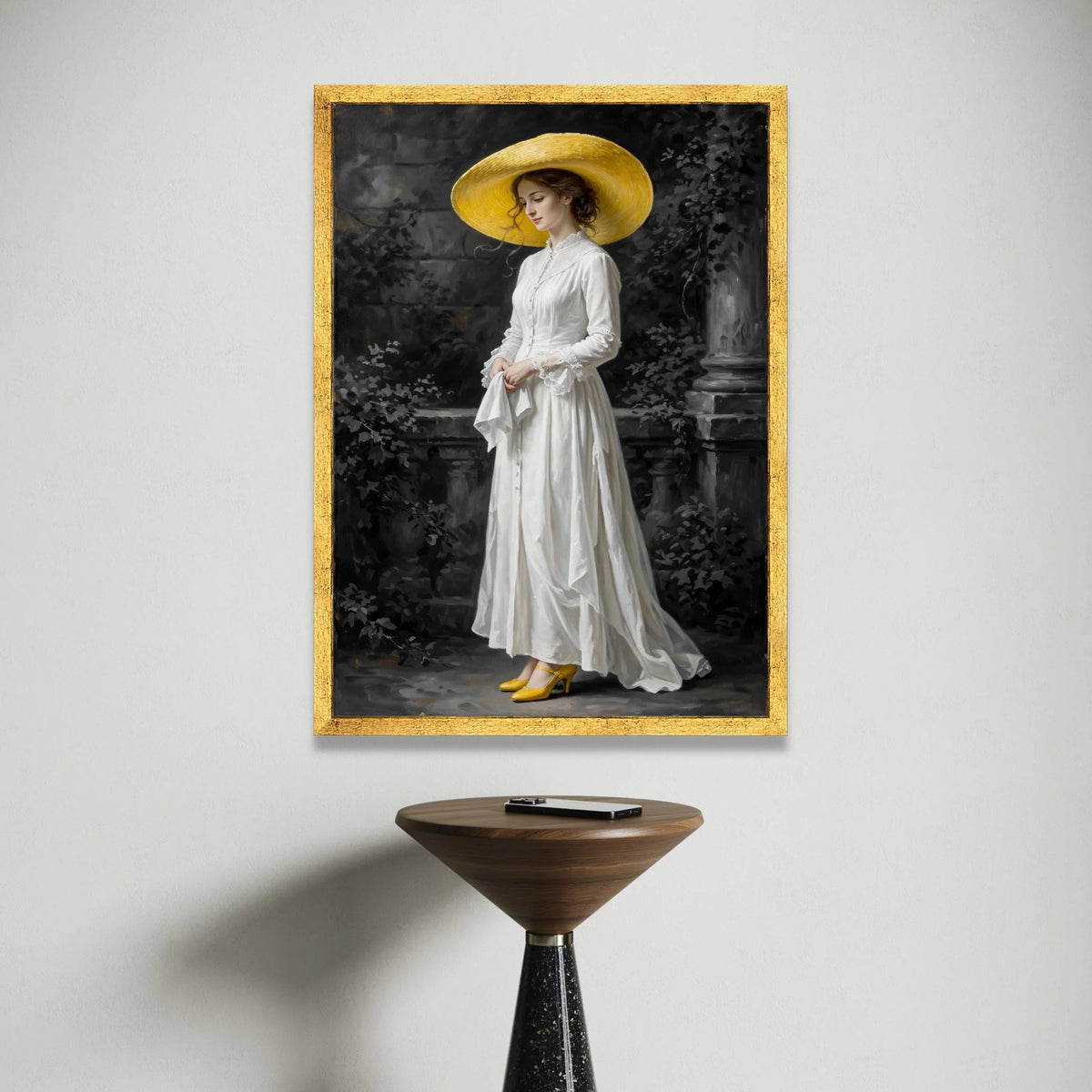Elegant Woman White Dress and Yellow Hat Canvas, Vintage Portrait Wall Art, Classic Female Figure Painting, Victorian Style Canvas Print Art