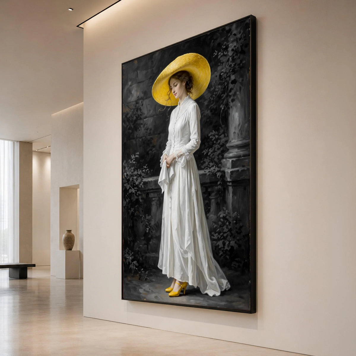 Elegant Woman White Dress and Yellow Hat Canvas, Vintage Portrait Wall Art, Classic Female Figure Painting, Victorian Style Canvas Print Art