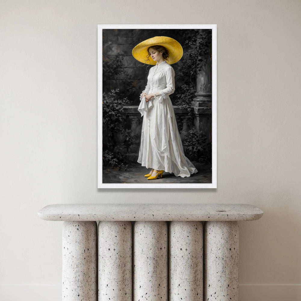 Elegant Woman White Dress and Yellow Hat Canvas, Vintage Portrait Wall Art, Classic Female Figure Painting, Victorian Style Canvas Print Art
