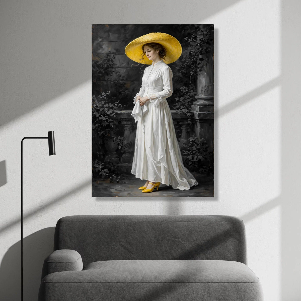Elegant Woman White Dress and Yellow Hat Canvas, Vintage Portrait Wall Art, Classic Female Figure Painting, Victorian Style Canvas Print Art