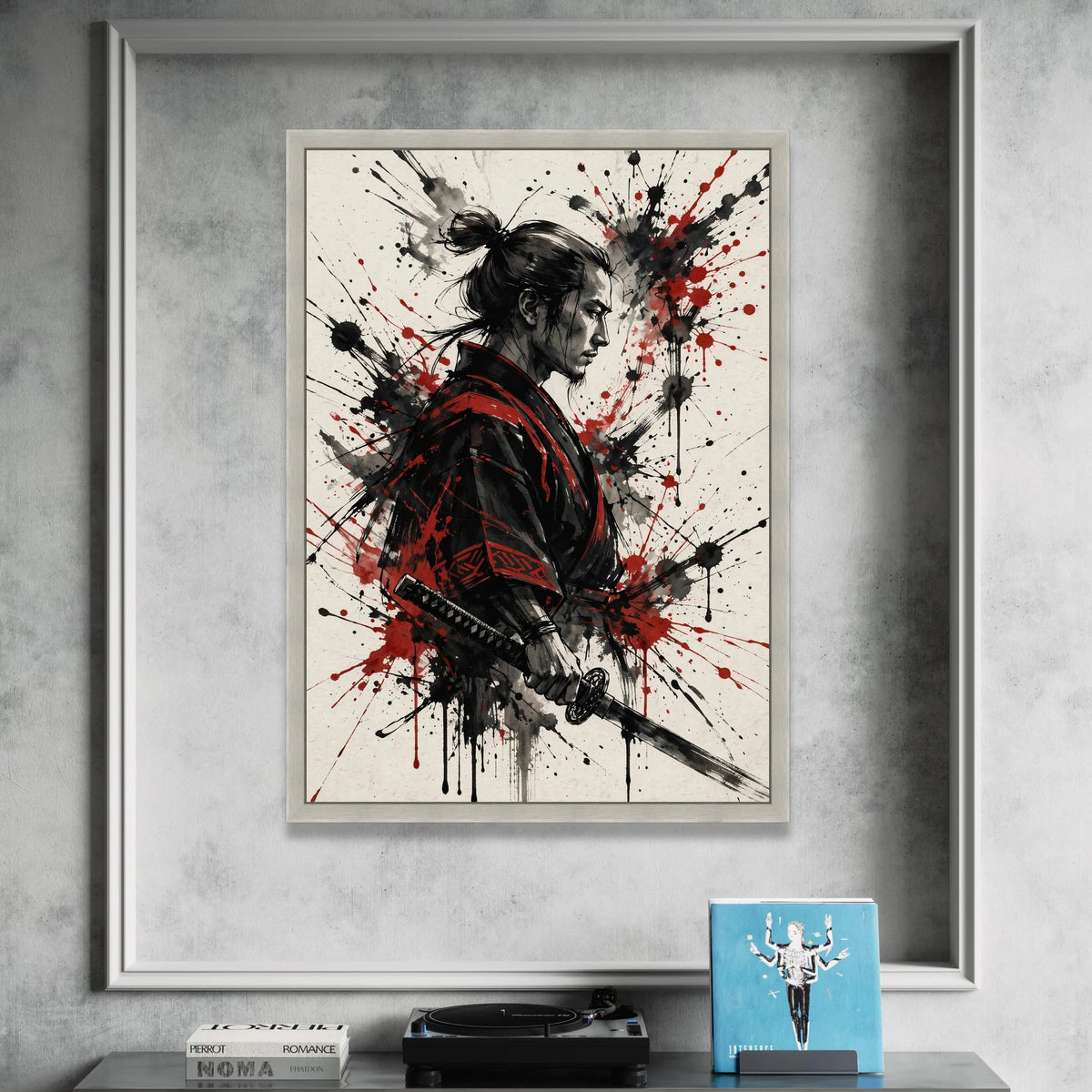 Fierce Samurai Warrior Canvas Wall Art, Asian Fighter Portrait, Red Black Ink Splash Design, Japanese Sword Art for Home Canvas Print Art