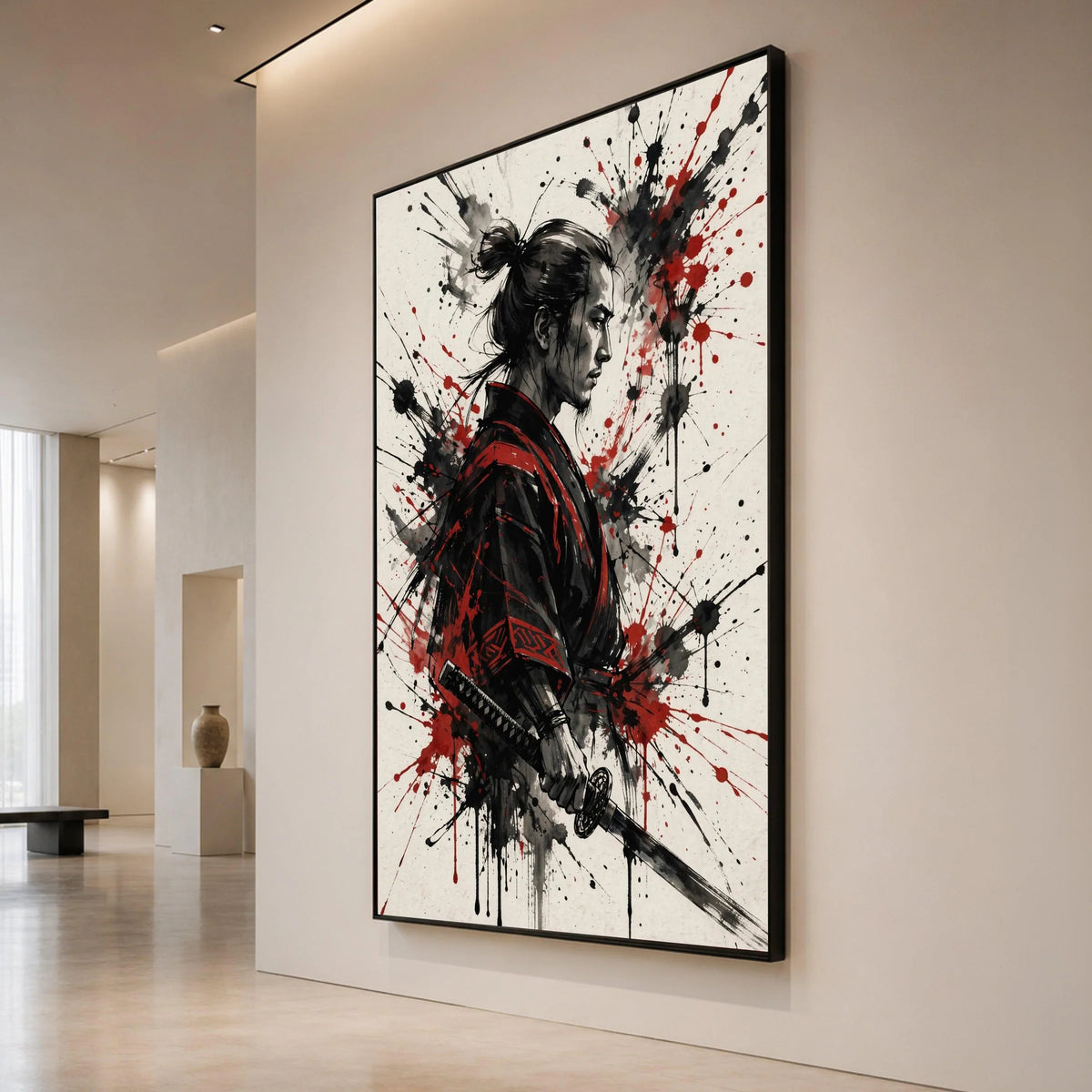 Fierce Samurai Warrior Canvas Wall Art, Asian Fighter Portrait, Red Black Ink Splash Design, Japanese Sword Art for Home Canvas Print Art