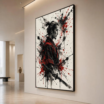 Fierce Samurai Warrior Canvas Wall Art, Asian Fighter Portrait, Red Black Ink Splash Design, Japanese Sword Art for Home Canvas Print Art