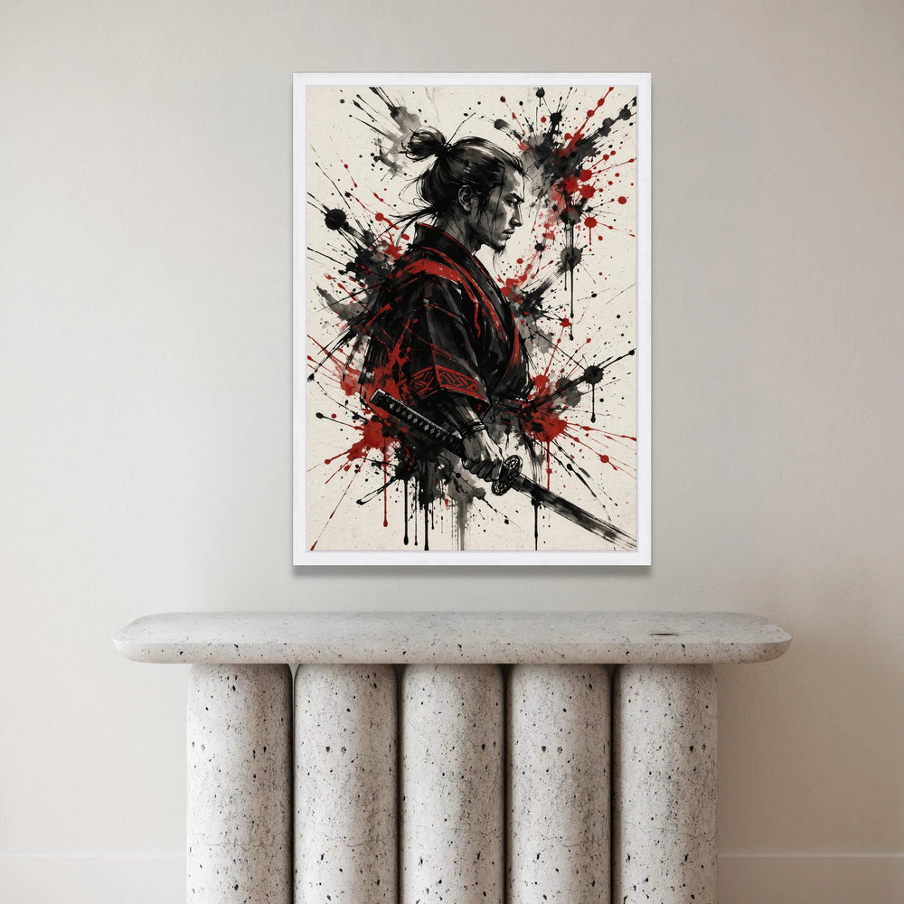 Fierce Samurai Warrior Canvas Wall Art, Asian Fighter Portrait, Red Black Ink Splash Design, Japanese Sword Art for Home Canvas Print Art