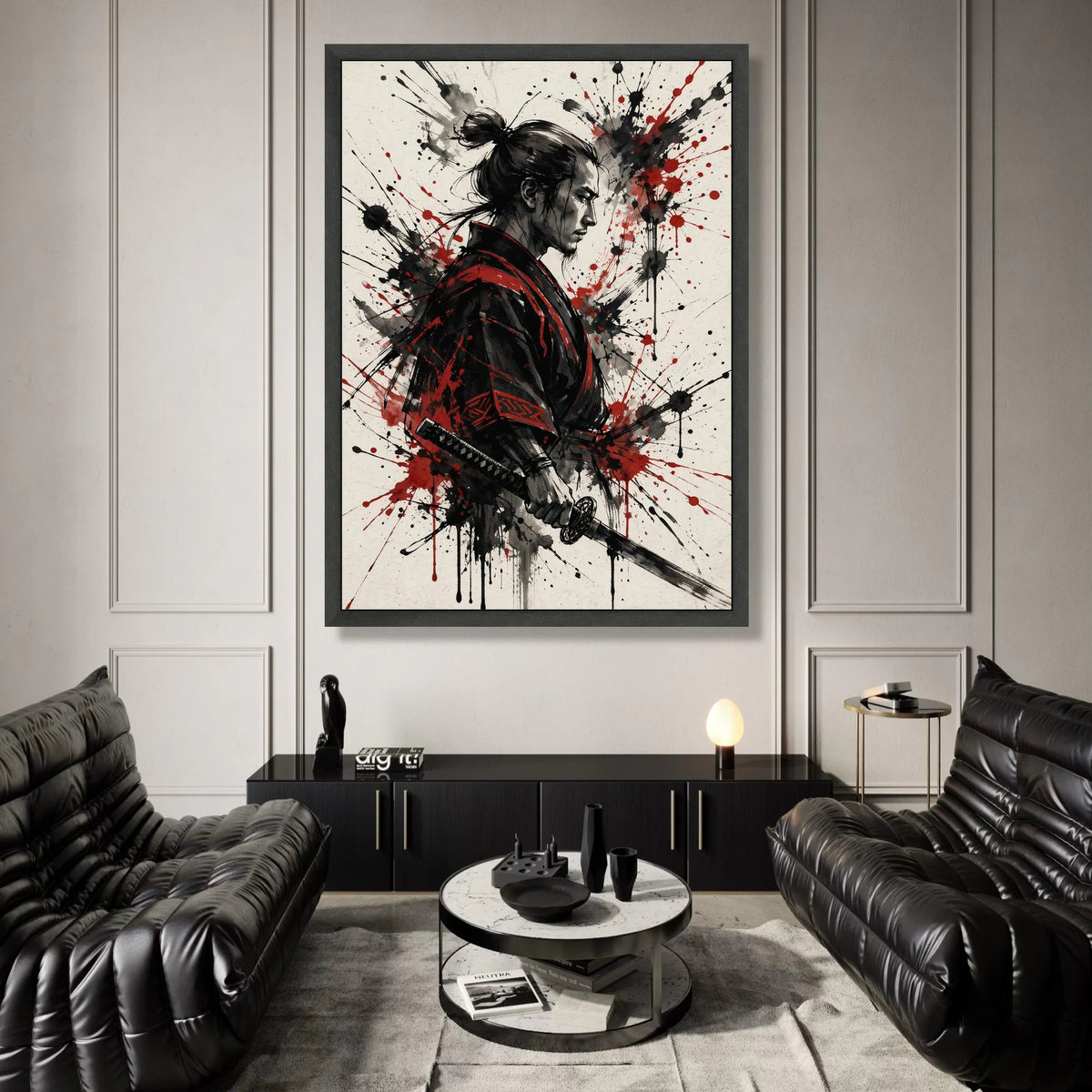 Fierce Samurai Warrior Canvas Wall Art, Asian Fighter Portrait, Red Black Ink Splash Design, Japanese Sword Art for Home Canvas Print Art