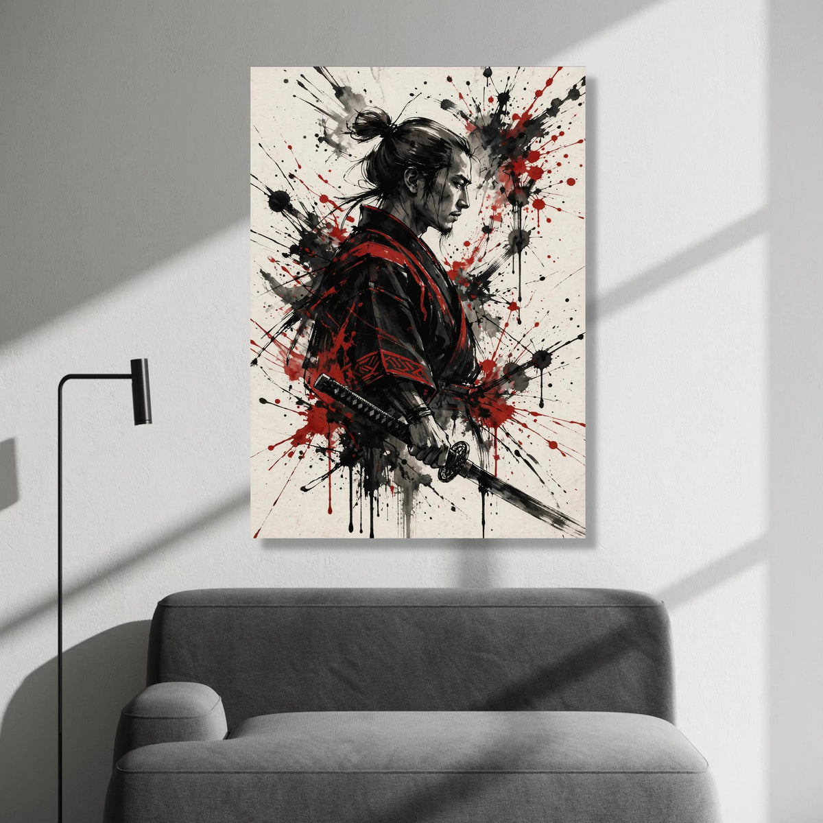 Fierce Samurai Warrior Canvas Wall Art, Asian Fighter Portrait, Red Black Ink Splash Design, Japanese Sword Art for Home Canvas Print Art