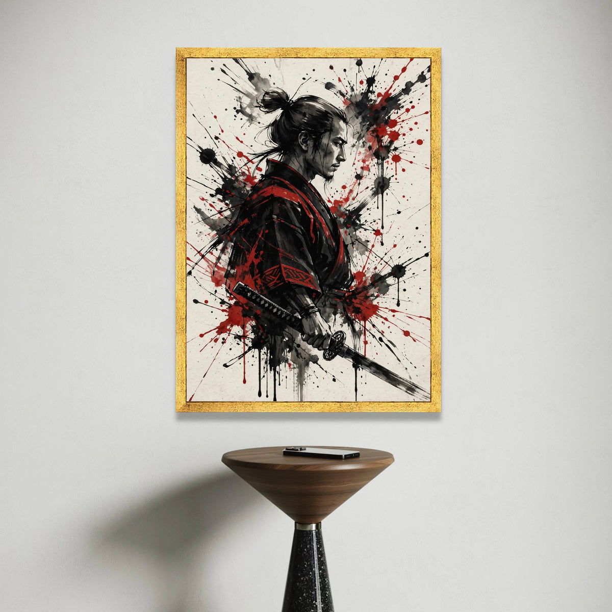 Fierce Samurai Warrior Canvas Wall Art, Asian Fighter Portrait, Red Black Ink Splash Design, Japanese Sword Art for Home Canvas Print Art