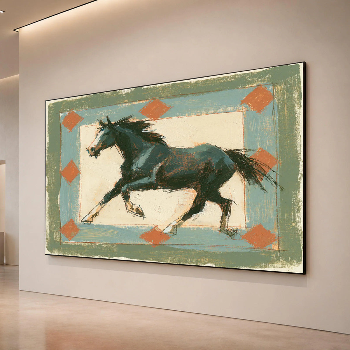 Running Black Horse Canvas Wall Art, Western Style Rustic Decor, Equestrian Animal Painting, Home Living Room Artwork, Canvas Print Art