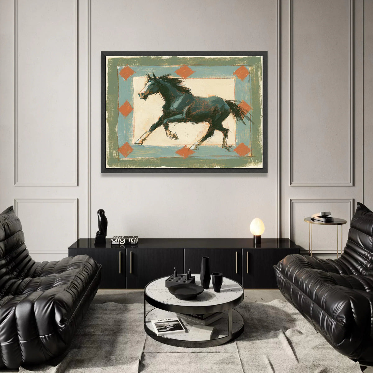 Running Black Horse Canvas Wall Art, Western Style Rustic Decor, Equestrian Animal Painting, Home Living Room Artwork, Canvas Print Art