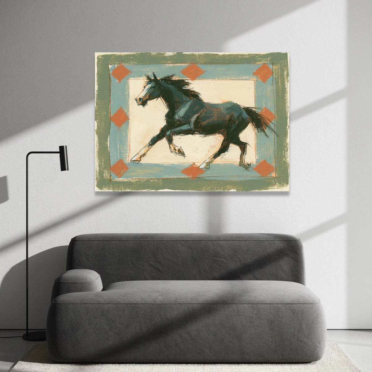 Running Black Horse Canvas Wall Art, Western Style Rustic Decor, Equestrian Animal Painting, Home Living Room Artwork, Canvas Print Art