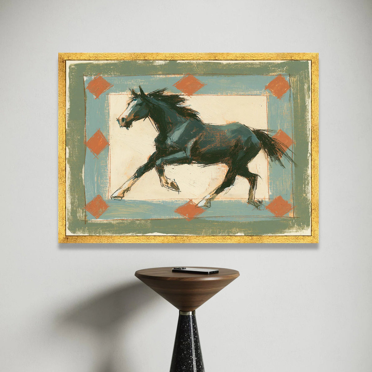 Running Black Horse Canvas Wall Art, Western Style Rustic Decor, Equestrian Animal Painting, Home Living Room Artwork, Canvas Print Art