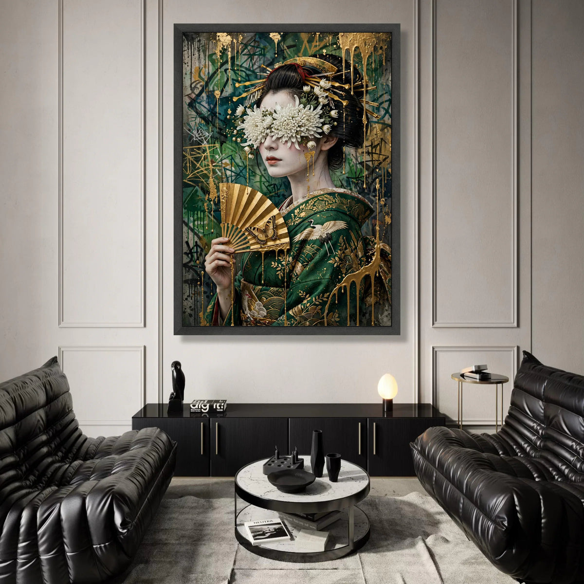 Elegant Geisha Portrait Canvas, Floral Blindfold Art, Japanese Fan Wall Decor, Gold Accents Print, Modern Asian Canvas Art, Canvas Print Art