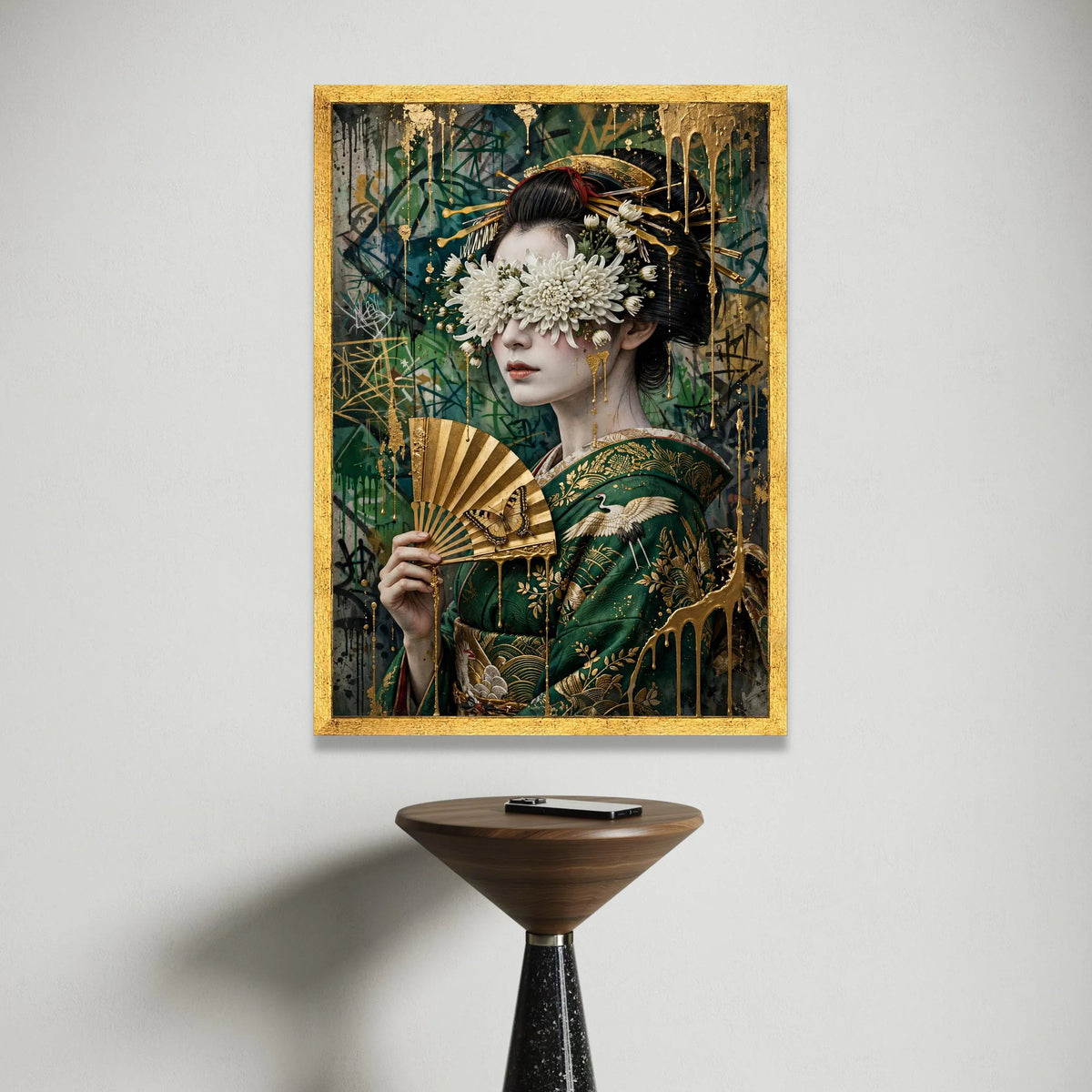 Elegant Geisha Portrait Canvas, Floral Blindfold Art, Japanese Fan Wall Decor, Gold Accents Print, Modern Asian Canvas Art, Canvas Print Art