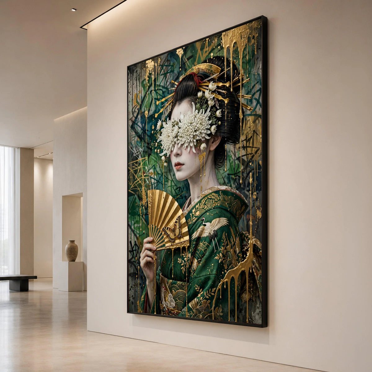 Elegant Geisha Portrait Canvas, Floral Blindfold Art, Japanese Fan Wall Decor, Gold Accents Print, Modern Asian Canvas Art, Canvas Print Art