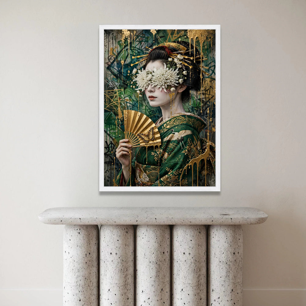 Elegant Geisha Portrait Canvas, Floral Blindfold Art, Japanese Fan Wall Decor, Gold Accents Print, Modern Asian Canvas Art, Canvas Print Art