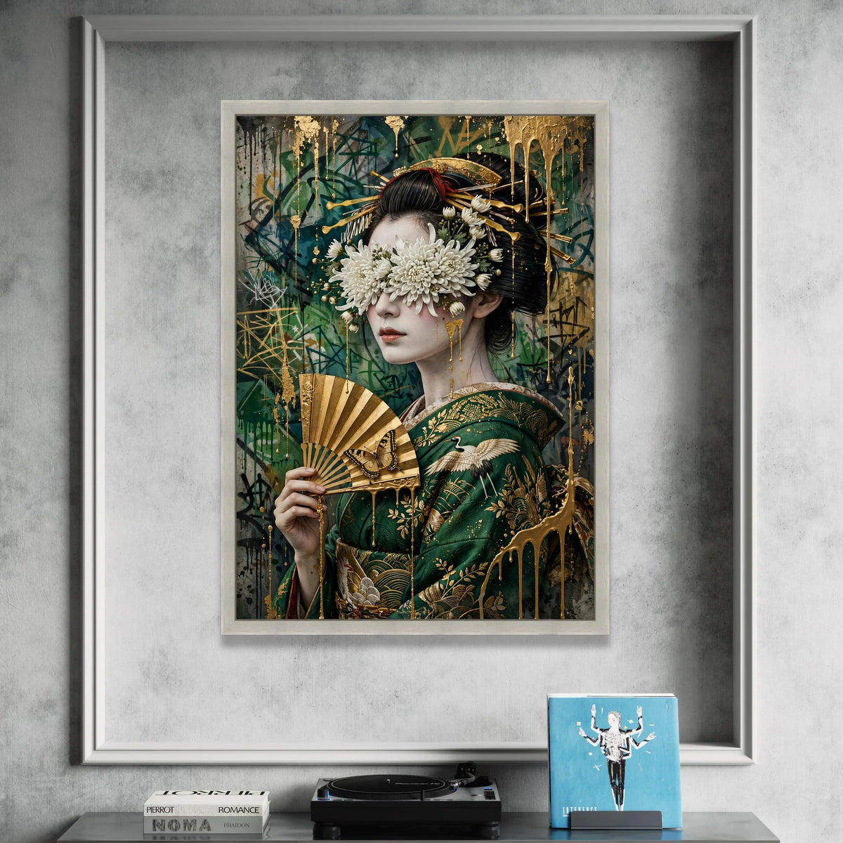 Elegant Geisha Portrait Canvas, Floral Blindfold Art, Japanese Fan Wall Decor, Gold Accents Print, Modern Asian Canvas Art, Canvas Print Art