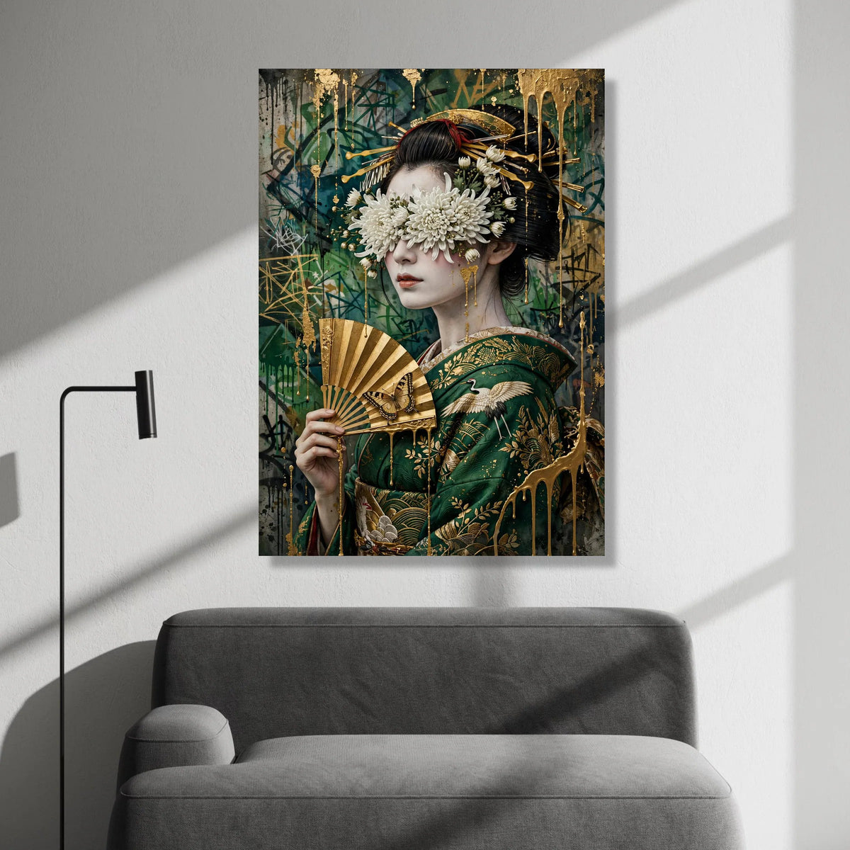 Elegant Geisha Portrait Canvas, Floral Blindfold Art, Japanese Fan Wall Decor, Gold Accents Print, Modern Asian Canvas Art, Canvas Print Art
