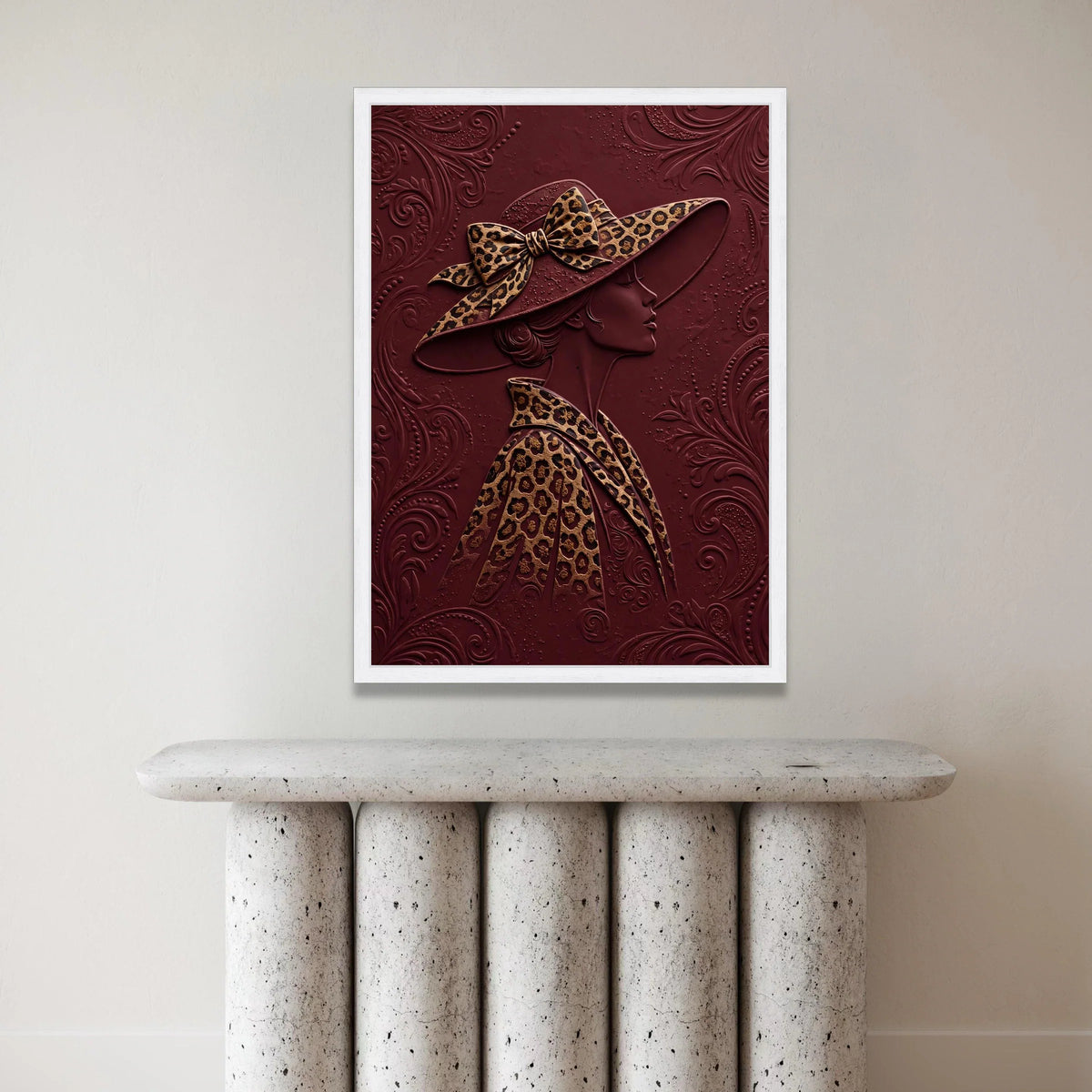Elegant Lady Profile Canvas, Leopard Print Hat and Coat, Burgundy Background Wall Art, Fashion Illustration Canvas, Modern Canvas Print Art