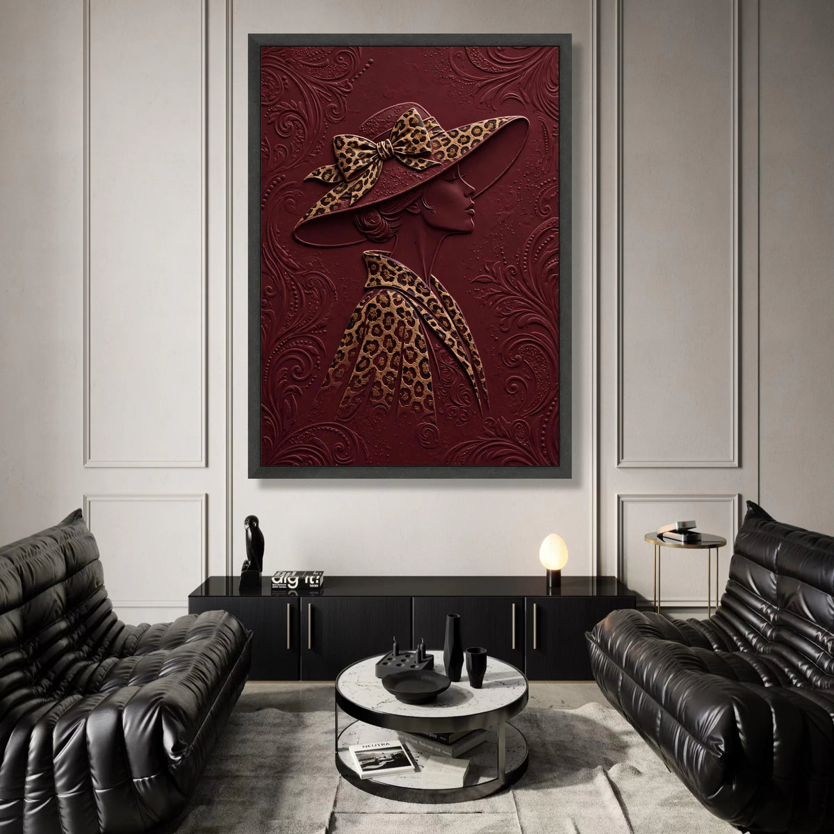 Elegant Lady Profile Canvas, Leopard Print Hat and Coat, Burgundy Background Wall Art, Fashion Illustration Canvas, Modern Canvas Print Art