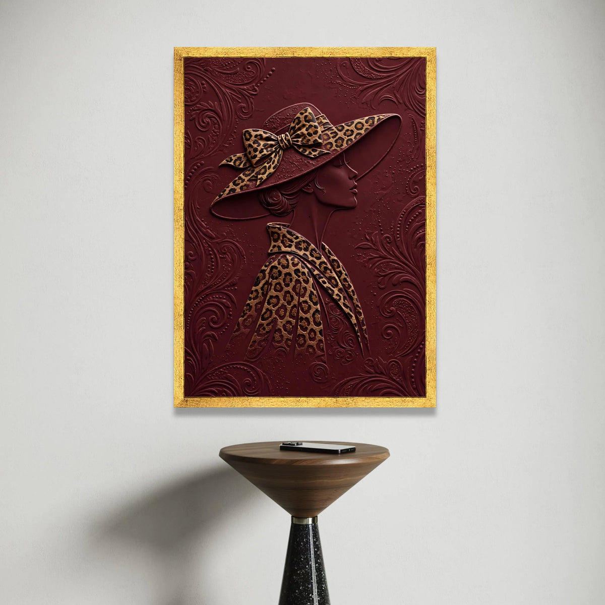 Elegant Lady Profile Canvas, Leopard Print Hat and Coat, Burgundy Background Wall Art, Fashion Illustration Canvas, Modern Canvas Print Art