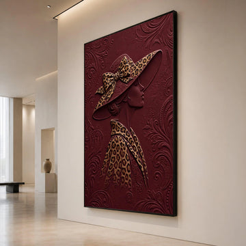 Elegant Lady Profile Canvas, Leopard Print Hat and Coat, Burgundy Background Wall Art, Fashion Illustration Canvas, Modern Canvas Print Art