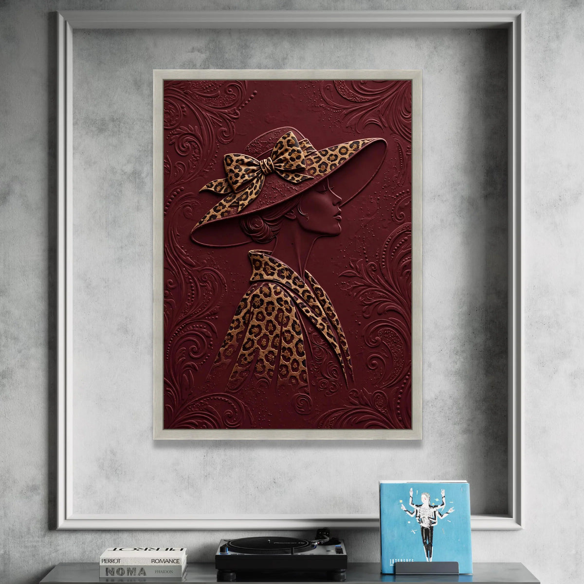 Elegant Lady Profile Canvas, Leopard Print Hat and Coat, Burgundy Background Wall Art, Fashion Illustration Canvas, Modern Canvas Print Art