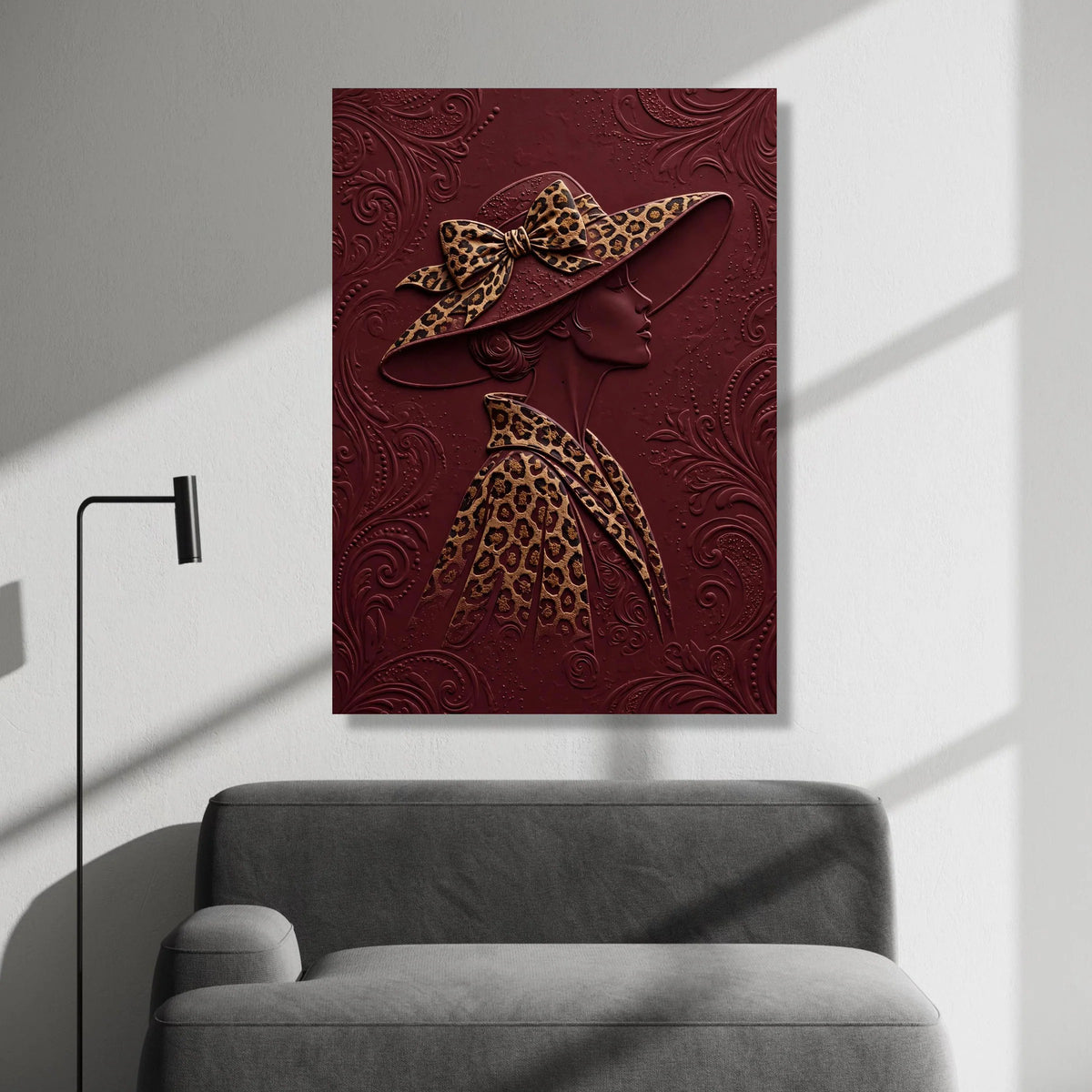Elegant Lady Profile Canvas, Leopard Print Hat and Coat, Burgundy Background Wall Art, Fashion Illustration Canvas, Modern Canvas Print Art