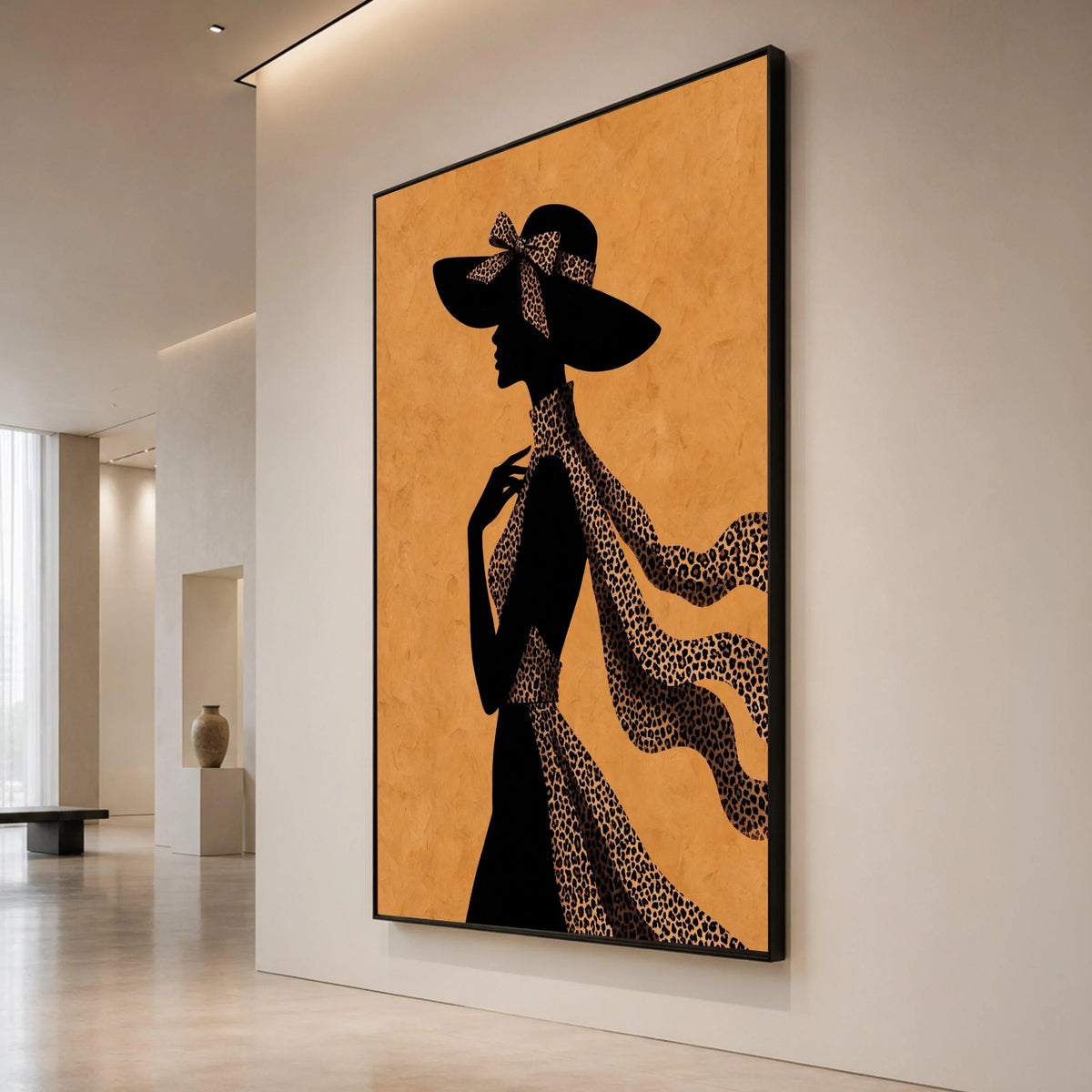 Elegant Woman Silhouette Canvas, Leopard Print Scarf and Hat, Fashion Wall Art, Chic Home Decor, Stylish Feminine Canvas Canvas Print Art