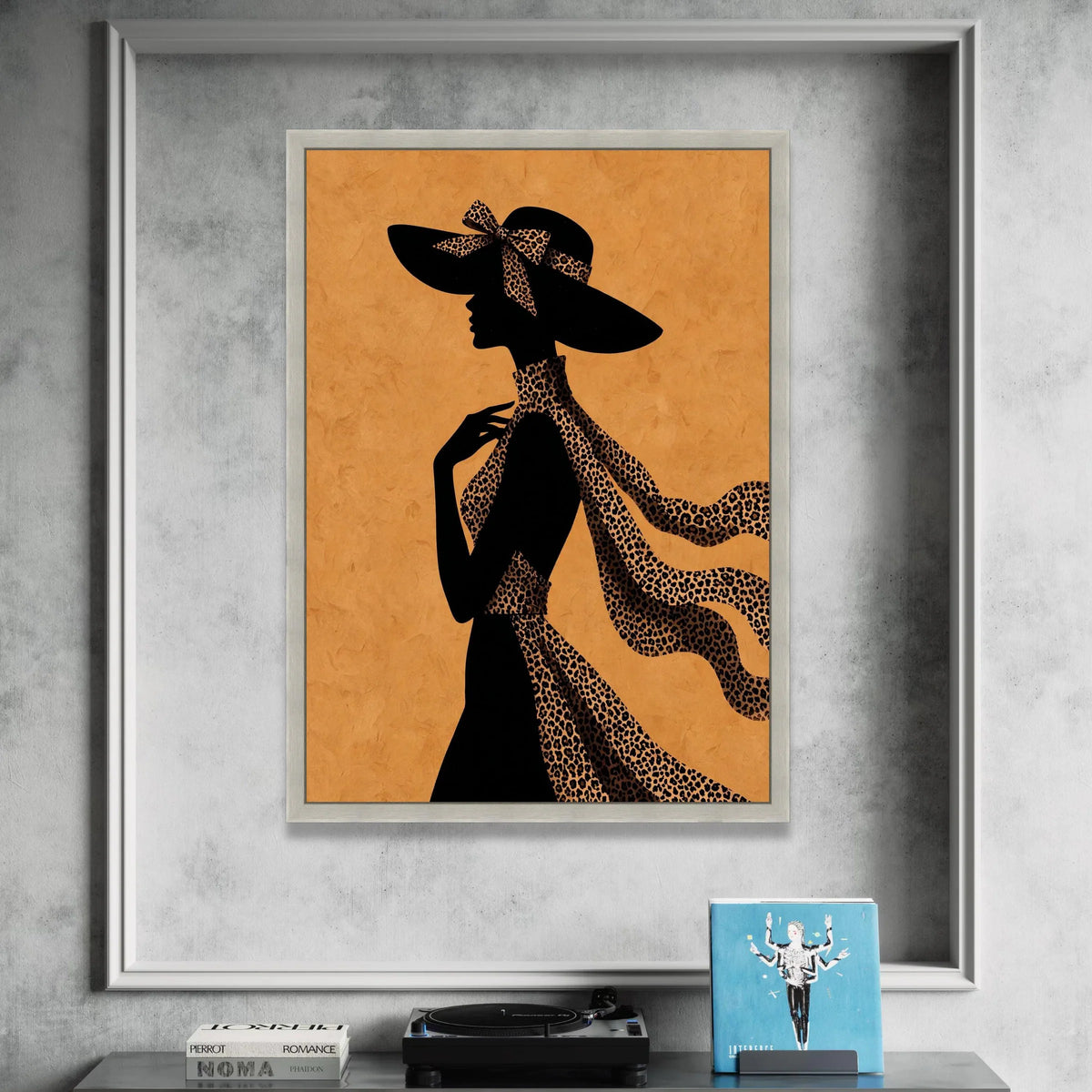 Elegant Woman Silhouette Canvas, Leopard Print Scarf and Hat, Fashion Wall Art, Chic Home Decor, Stylish Feminine Canvas Canvas Print Art
