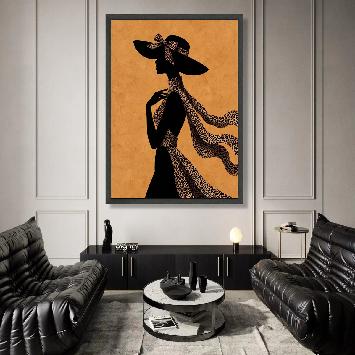 Elegant Woman Silhouette Canvas, Leopard Print Scarf and Hat, Fashion Wall Art, Chic Home Decor, Stylish Feminine Canvas Canvas Print Art