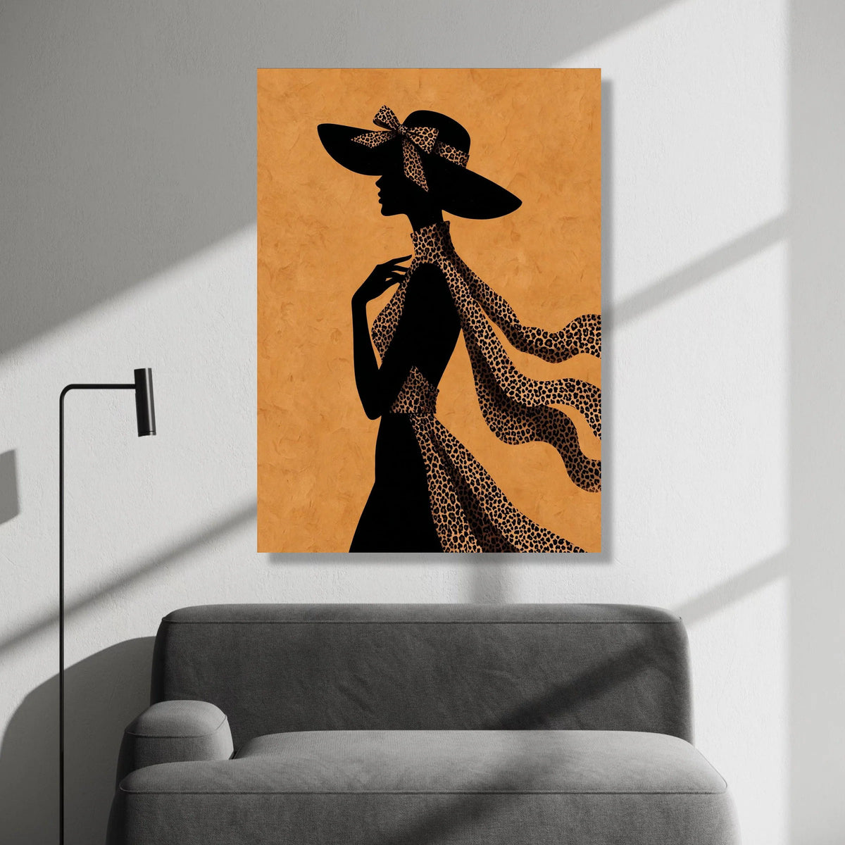 Elegant Woman Silhouette Canvas, Leopard Print Scarf and Hat, Fashion Wall Art, Chic Home Decor, Stylish Feminine Canvas Canvas Print Art